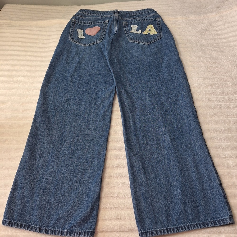 Hollister Y2K Low-Rise Baggy Jeans Womens 26 Short Med Wash I Love LA PATCHES